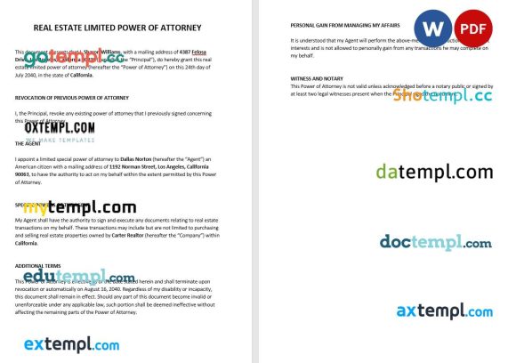 Real Estate Limited Power of Attorney example, fully editable