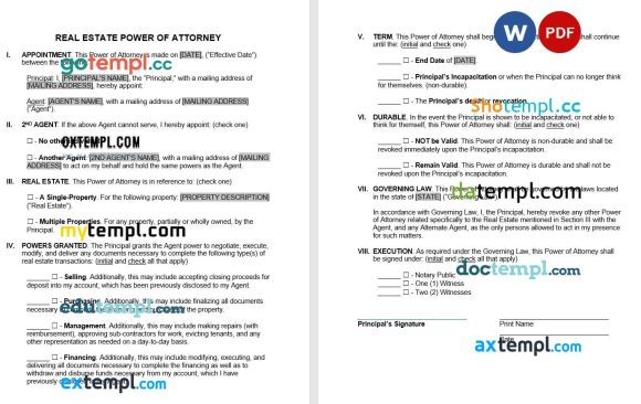 Real Estate Power of Attorney Form example, fully editable