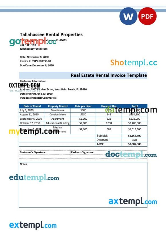 Real Estate Rental Invoice example in word and pdf format