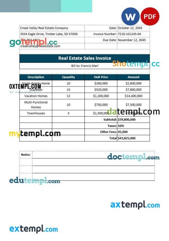 Real Estate Sales Invoice example in word and pdf format