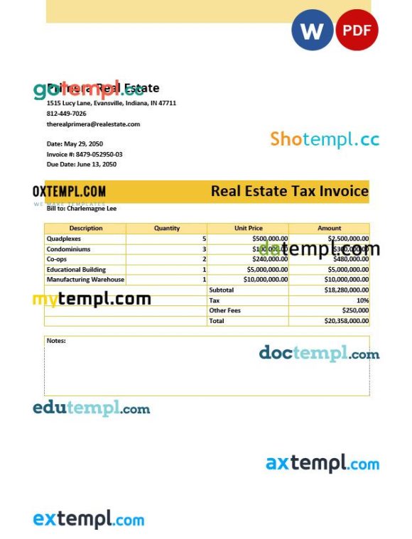 Real Estate Tax Invoice example in word and pdf format