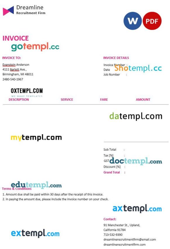 Recruitment Firm Invoice example in word and pdf format
