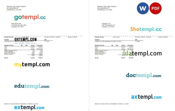 Rejoice The Lord Church pay stub example in PDF and Word formats