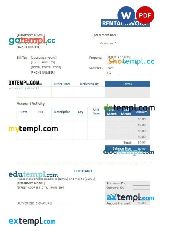 Rental invoice example in word and pdf format