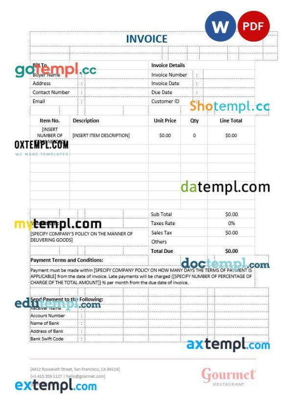 Restaurant Blank Invoice example in word and pdf format