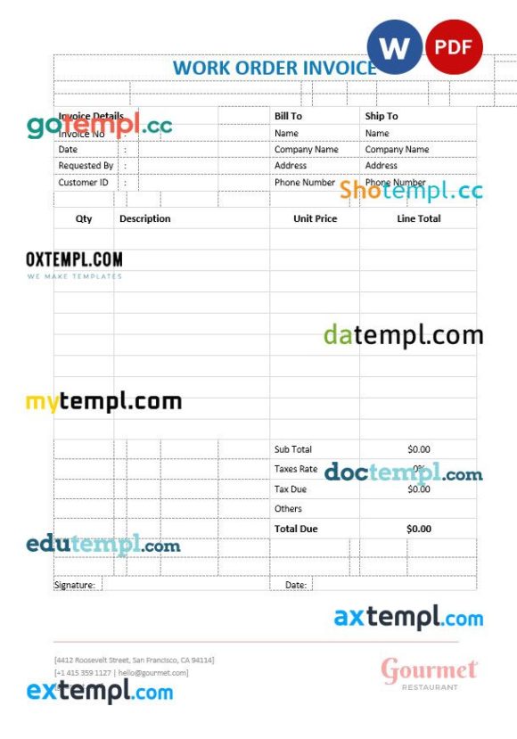 Restaurant Work Order Invoice example in word and pdf format