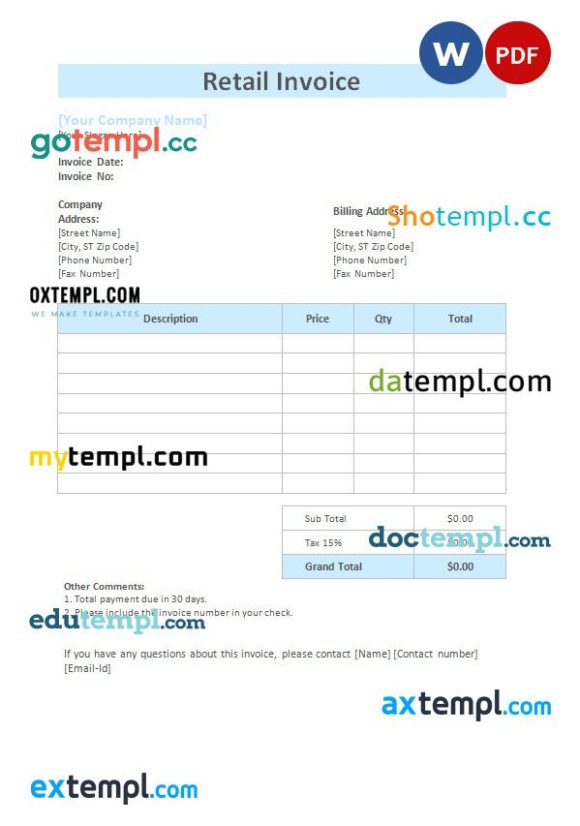 Retail Invoice example in word and pdf format