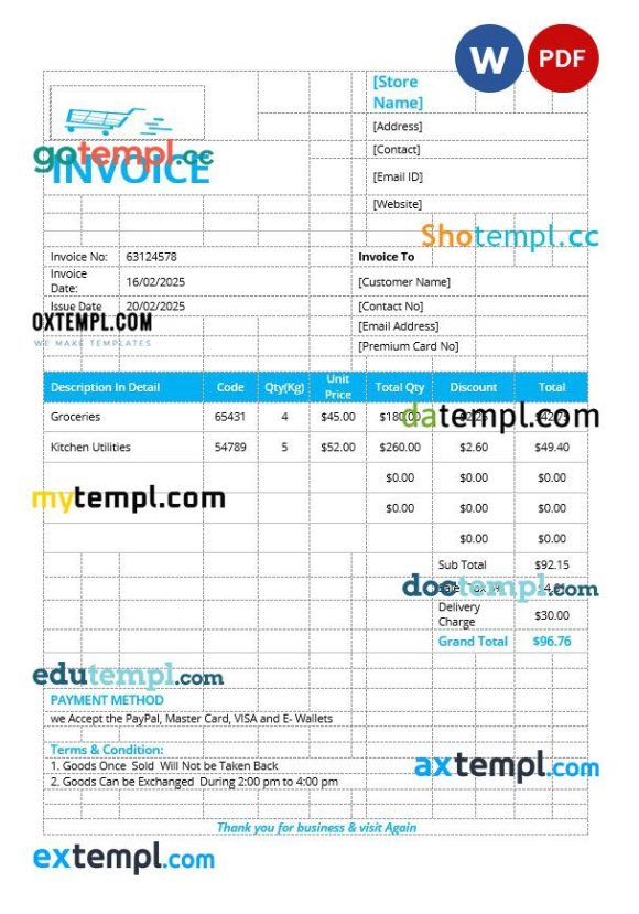 Retail Store Invoice example in word and pdf format