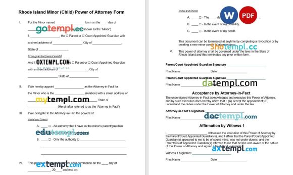 Rhode Island Minor Child Parental Power of Attorney example, fully editable