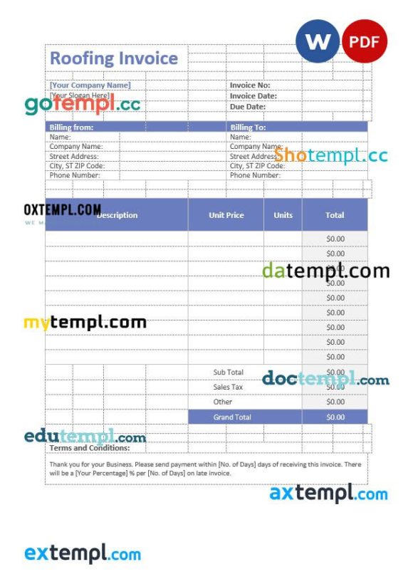 Roofing invoice example in word and pdf format