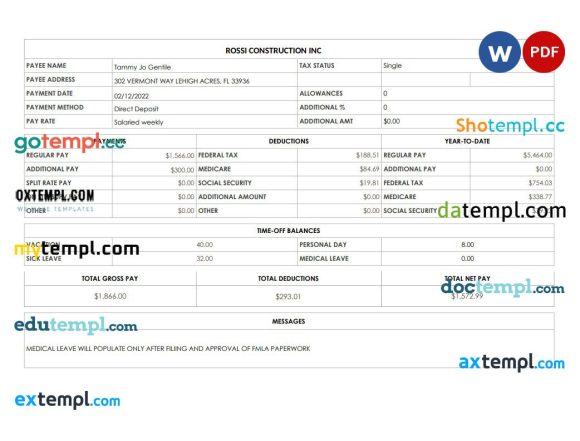 Rossi Construction Inc pay stub example in PDF ad Word formats