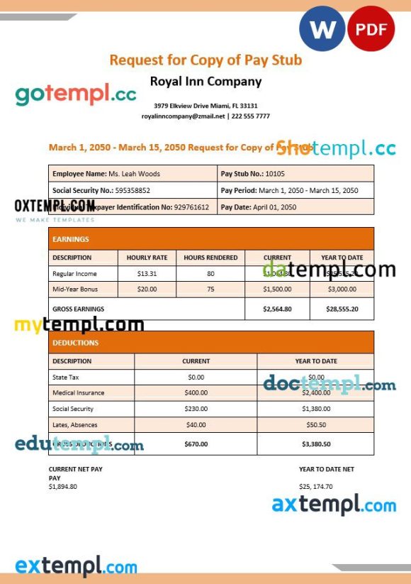 Royal Inn company pay stub example in PDF and Word formats