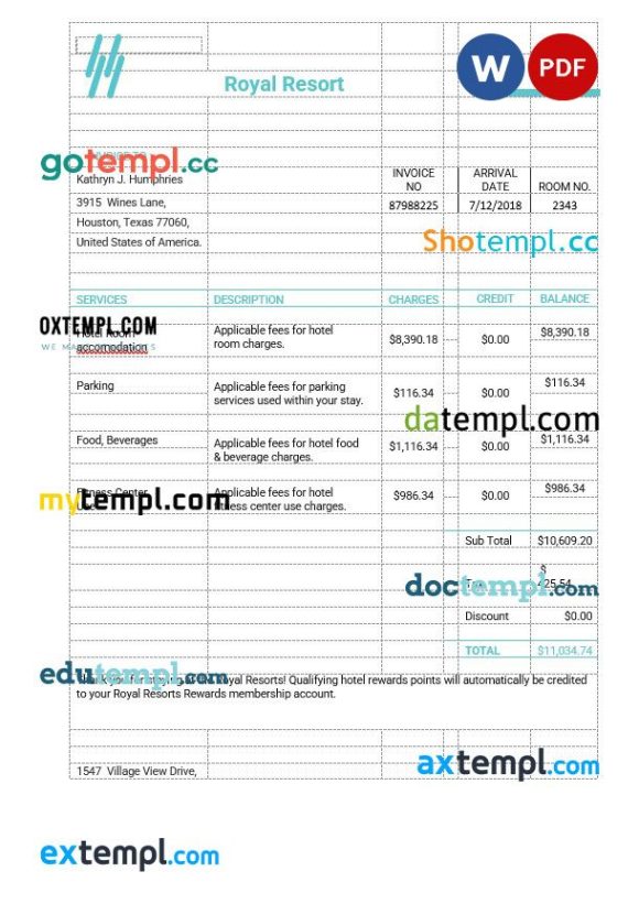 Royal Resort Invoice example in word and pdf format
