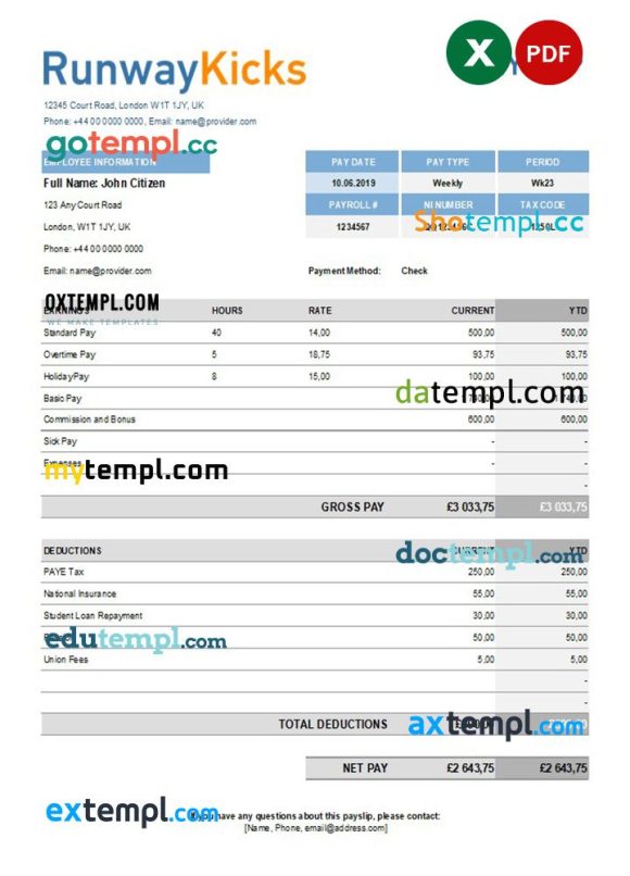 Runway Kicks company payslip example in Excel and PDF formats