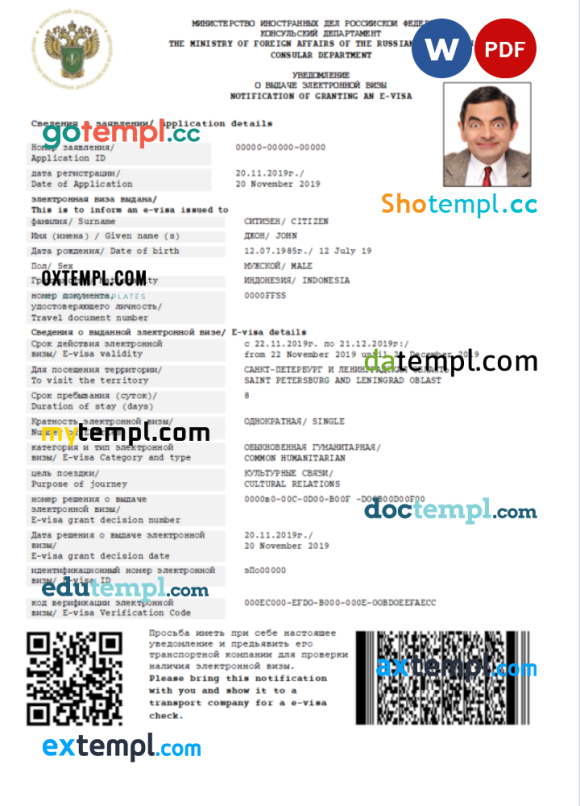 Russian e-visa Word and PDF example