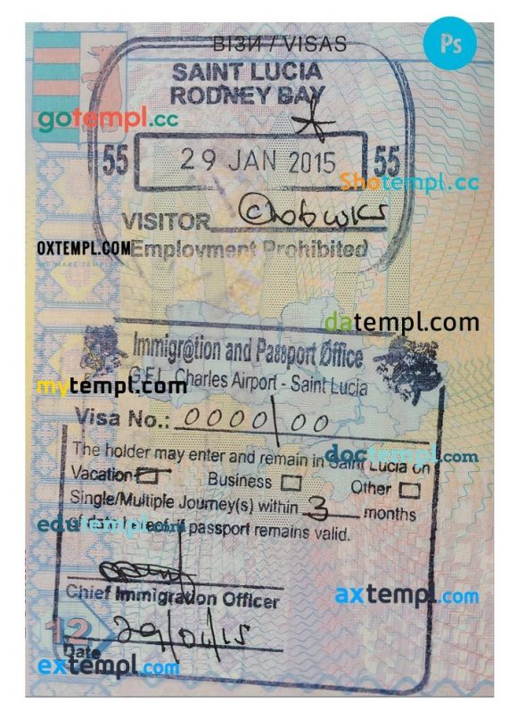 Saint Lucia travel visa example in PSD format, with fonts
