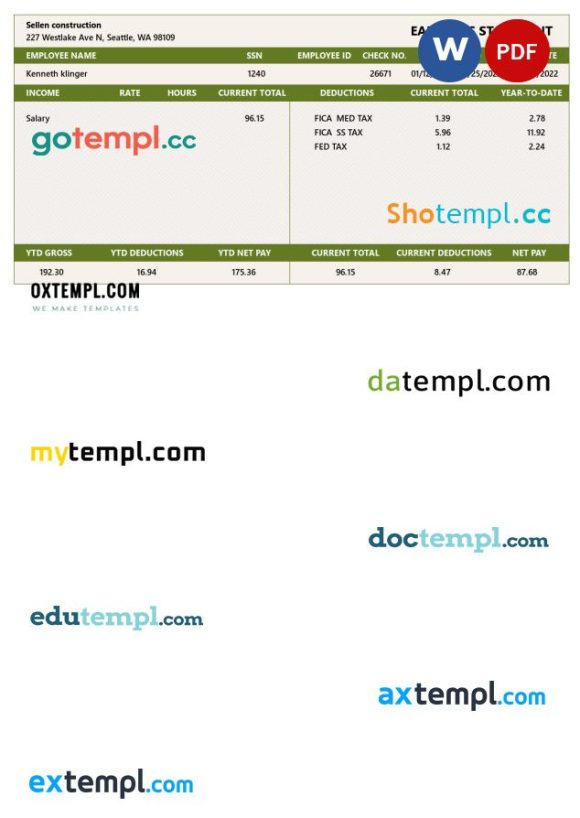 SELLEN CONSTRUCTION earnings statement example in PDF and Word formats