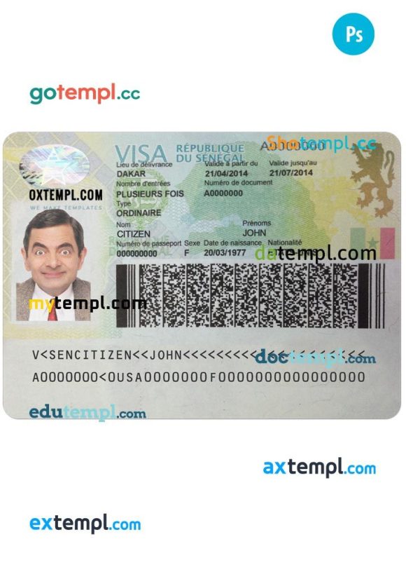 Senegalese travel visa PSD example, completely editable, with fonts