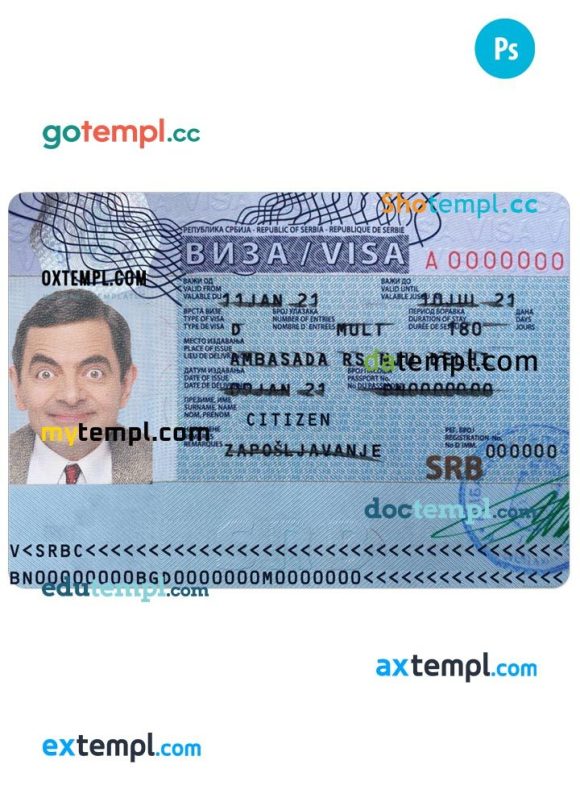 Serbian travel visa PSD example, with fonts