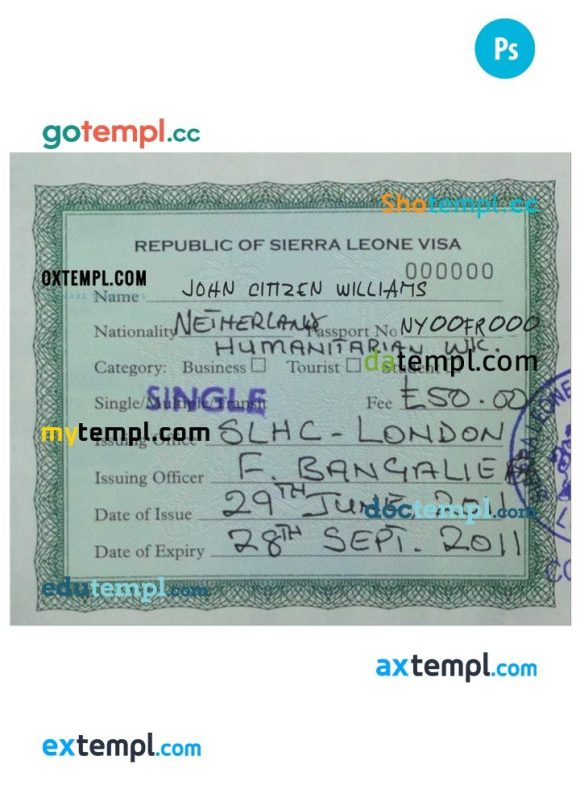 Sierra Leone tourist visa PSD example, fully editable,
