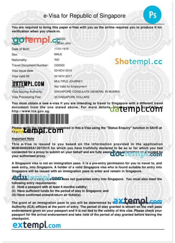 Singapore electronic visa PSD example, completely editable, with fonts