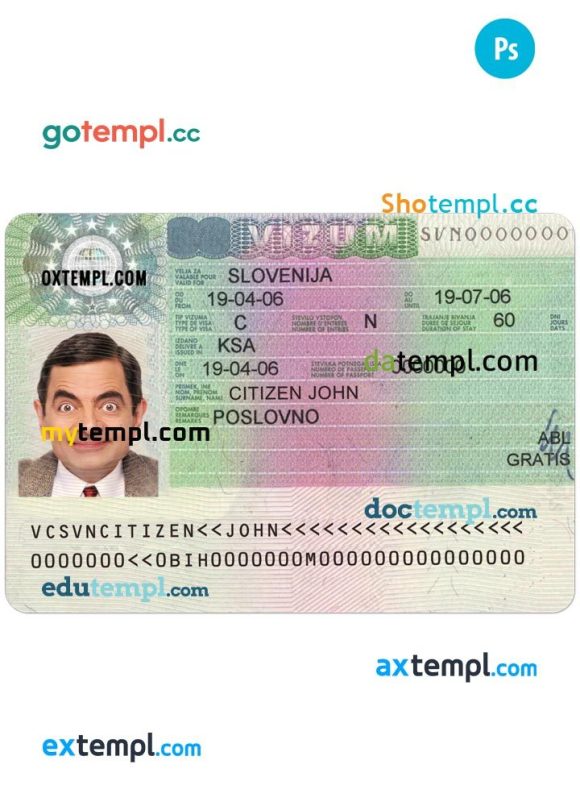 Slovenian Schengen travel visa PSD example, fully editable
