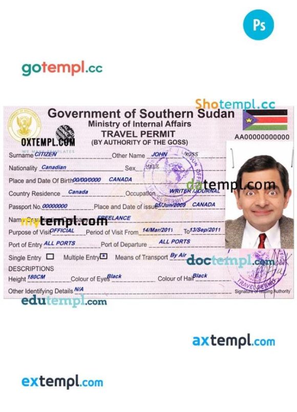South Sudaneseese travel permit - visa PSD example, completely editable, with fonts