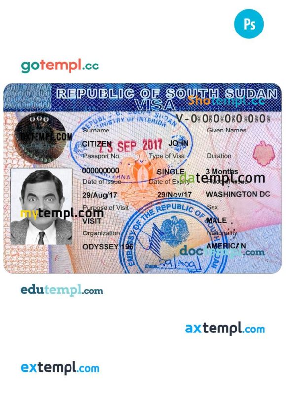 South Sudaneseese travel visa PSD example, with fonts