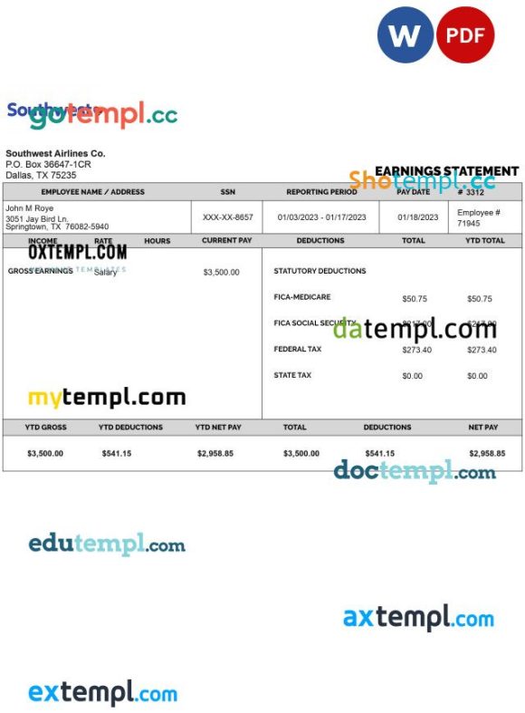 SOUTHWEST AIRLINES CO earnings statement example in PDF and Word formats