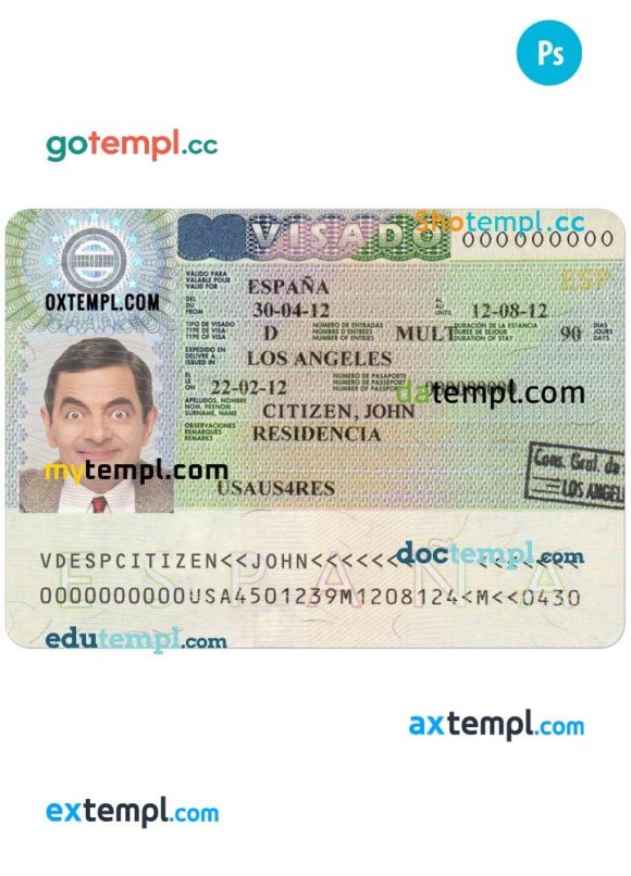 Spanish travel visa PSD example, with fonts
