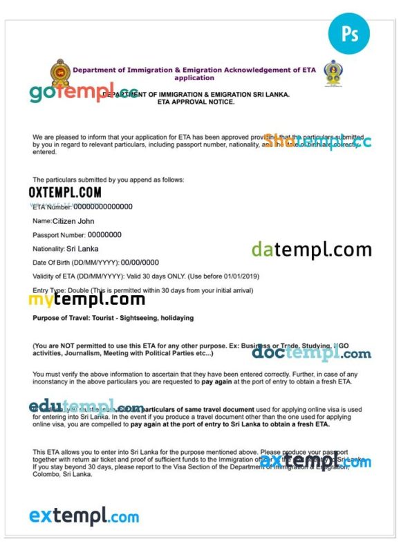 Sri Lanka electronic travel visa PSD example, with fonts