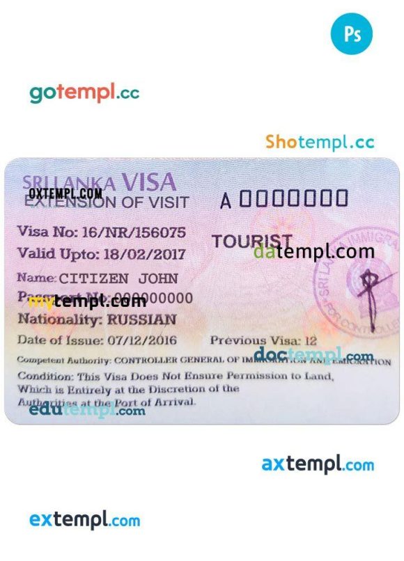 Sri Lanka tourist visa PSD example, fully editable