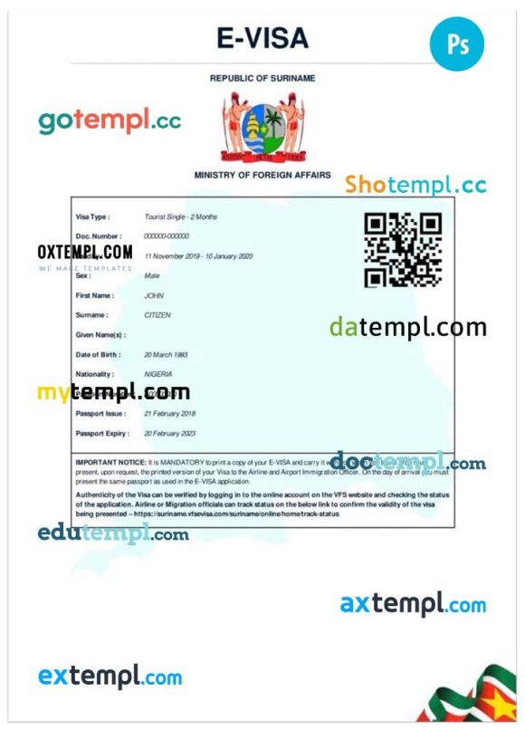 Suriname electronic travel visa PSD example, with fonts