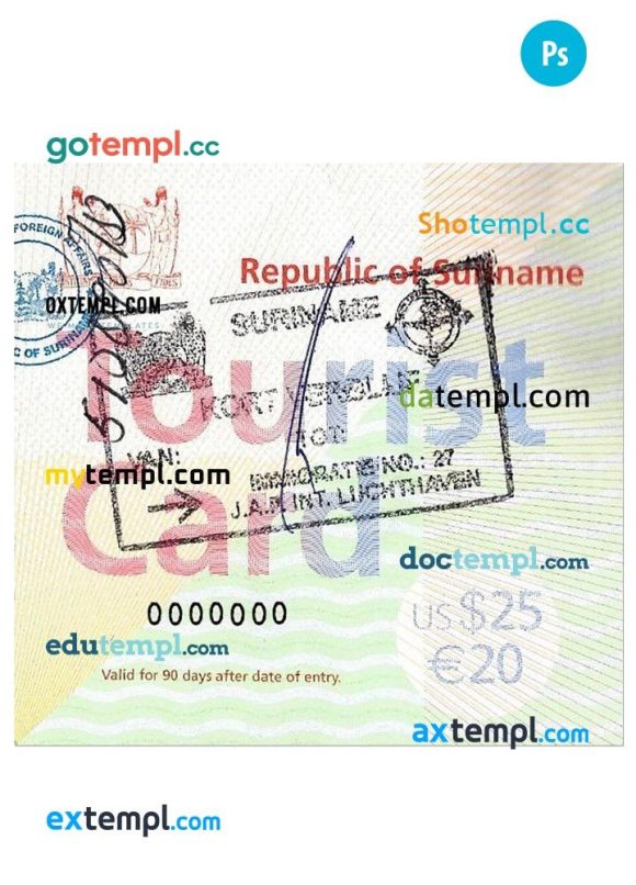 Suriname tourist card PSD example, with fonts