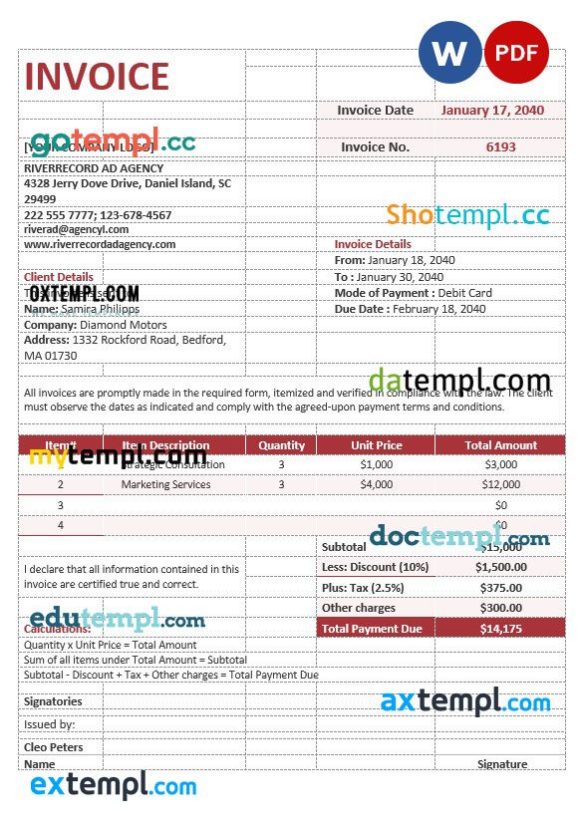 Sample Advertising Agency Invoice example in word and pdf format