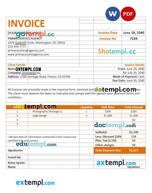 Sample Agency Invoice example in word and pdf format