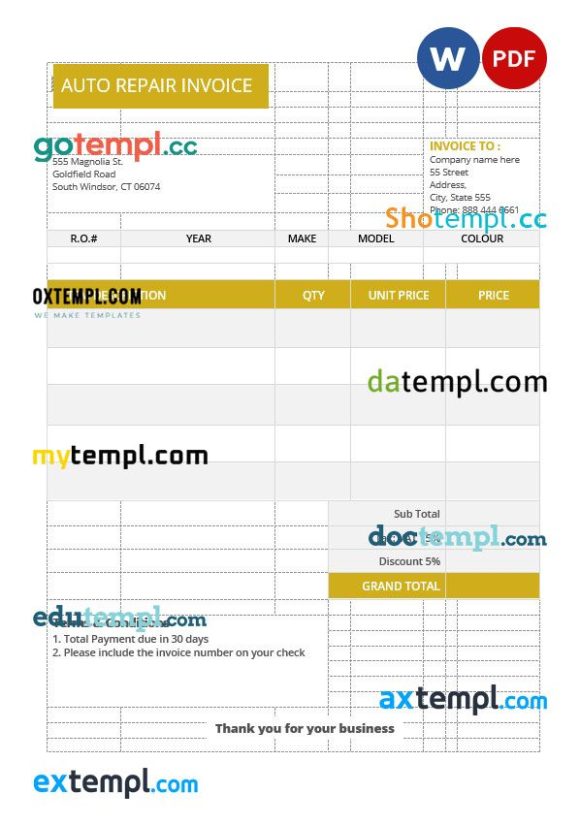 Sample Auto Repair Invoice example in Word format