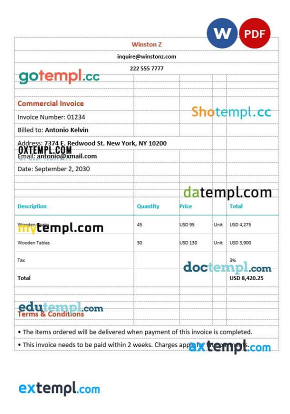 Sample Commercial Invoice example in word and pdf format