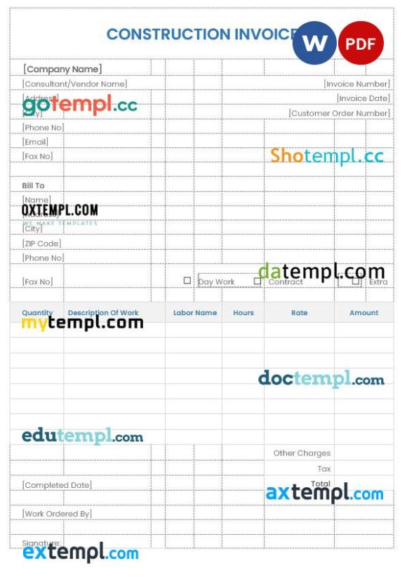Sample Construction Invoice example in word and pdf format