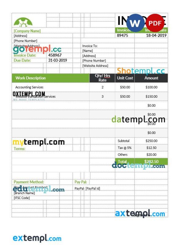 Sample Hourly Invoice example in word and pdf format