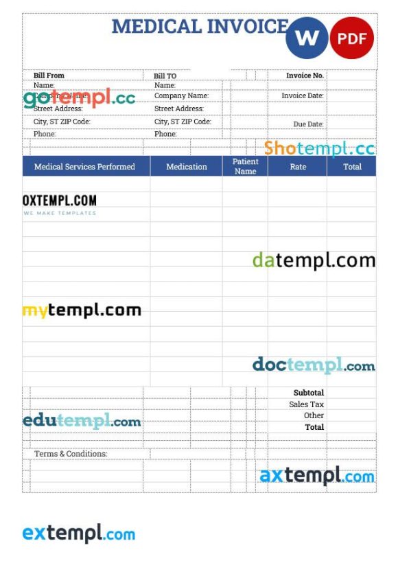 Sample Medical Invoice example in word and pdf format