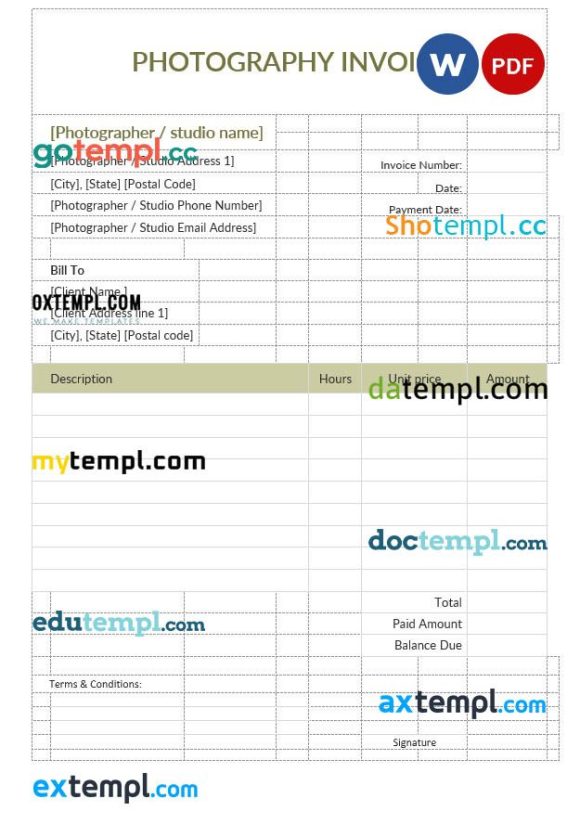 Sample Photography Invoice example in word and pdf format