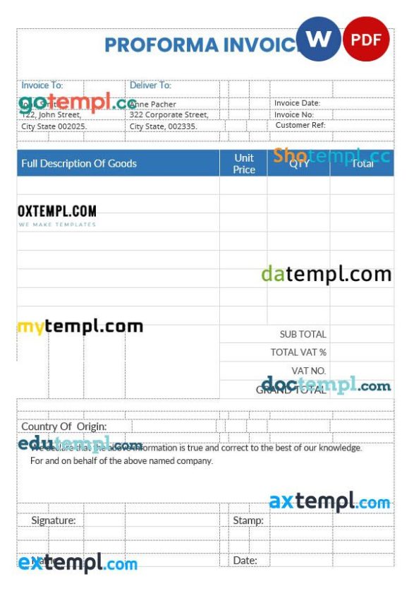 Sample Proforma Invoice example in word and pdf format