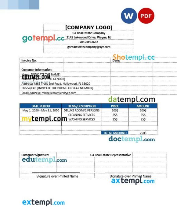 Sample Real Estate Invoice example in word and pdf format