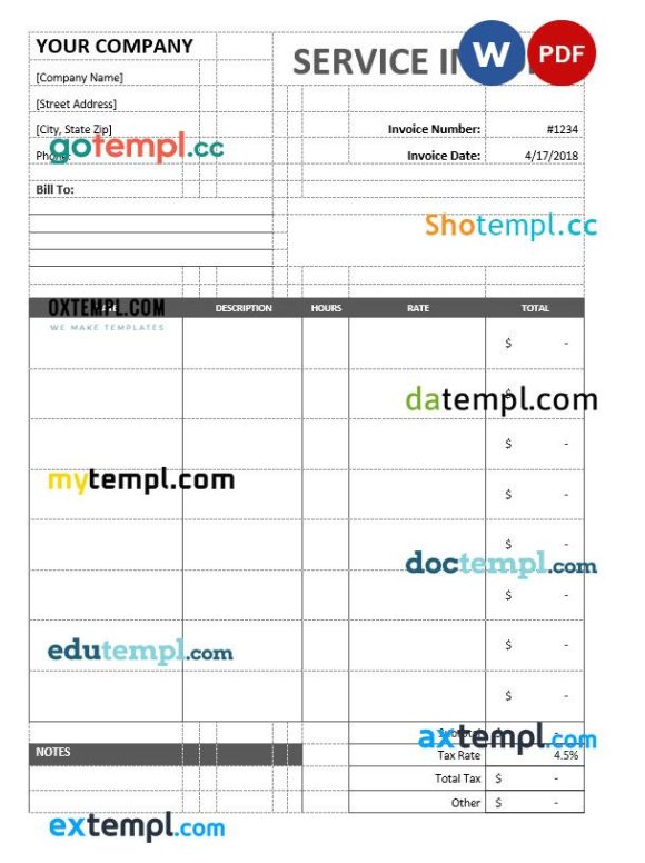 Sample Service Invoice example in word and pdf format