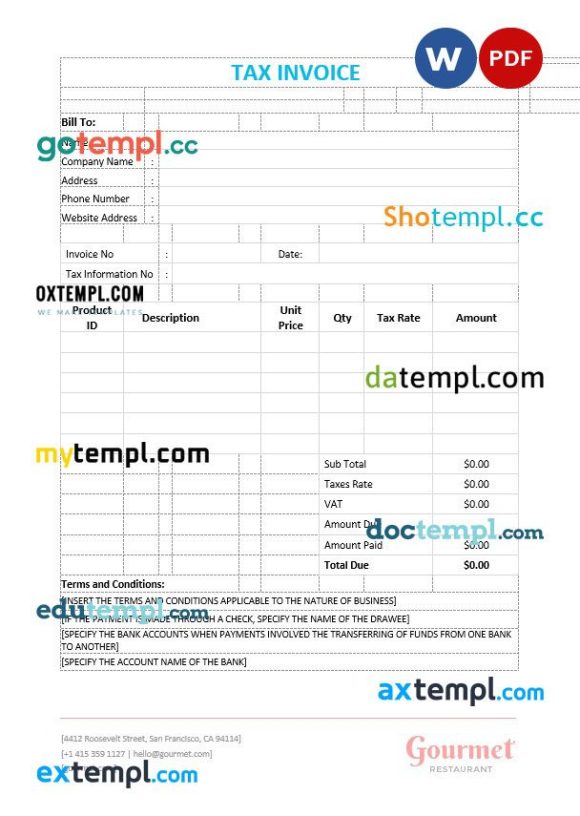 Sample Tax Invoice example in word and pdf format
