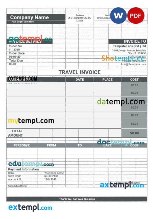 Sample Travel Invoice example in word and pdf format