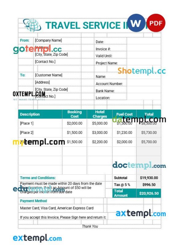 Sample Travel Service Invoice example in word and pdf format