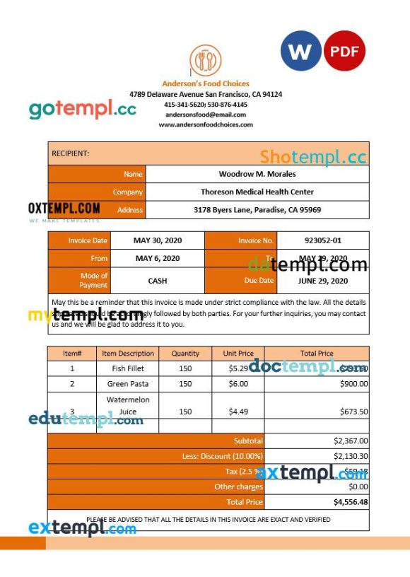 Sample Work From Home Invoice example in Word format