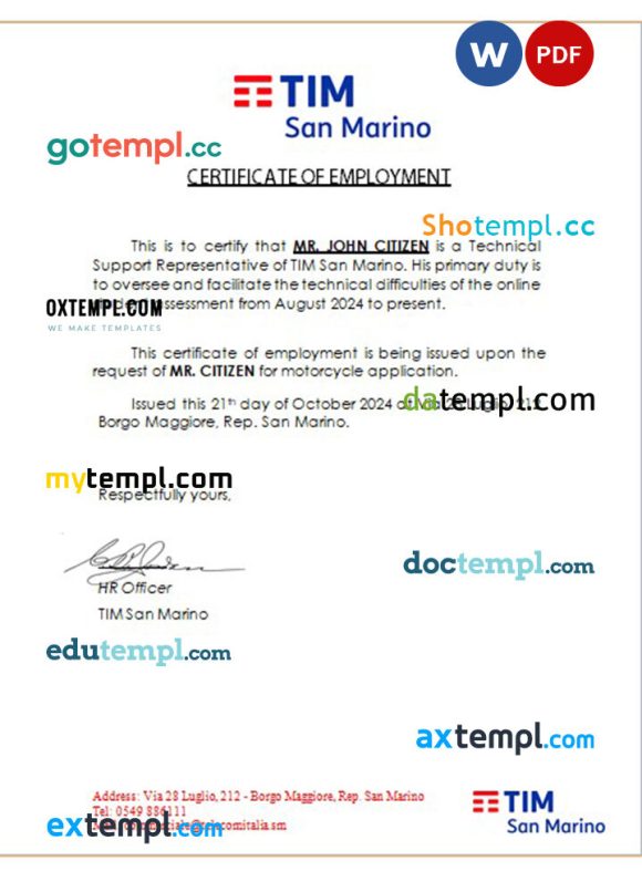 San Marino TIM certificate of employment Word and PDF download template